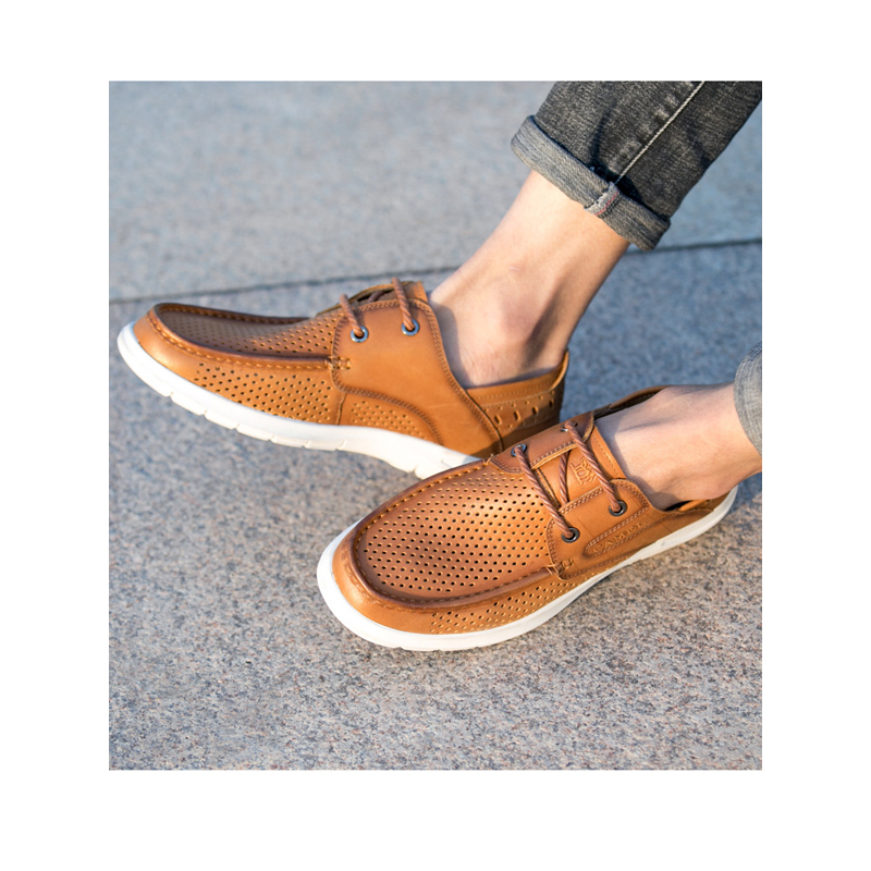 camel骆驼男鞋2018夏季新款透气镂空休闲皮鞋牛皮软底系带皮鞋