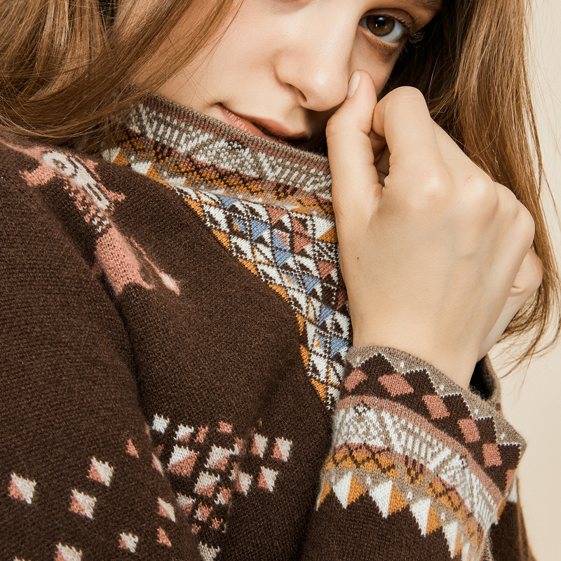 恒源祥几何提花纯羊绒衫女秋冬厚毛衣外套北欧风波普图案针织开衫