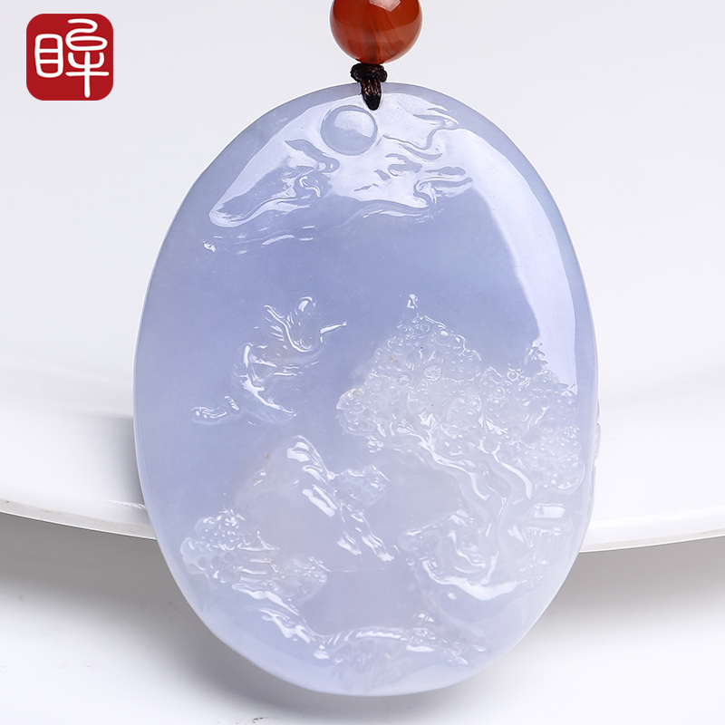 印象眸翡翠紫罗兰山水牌吊坠男女款意境玉石孤品坠子附送证书