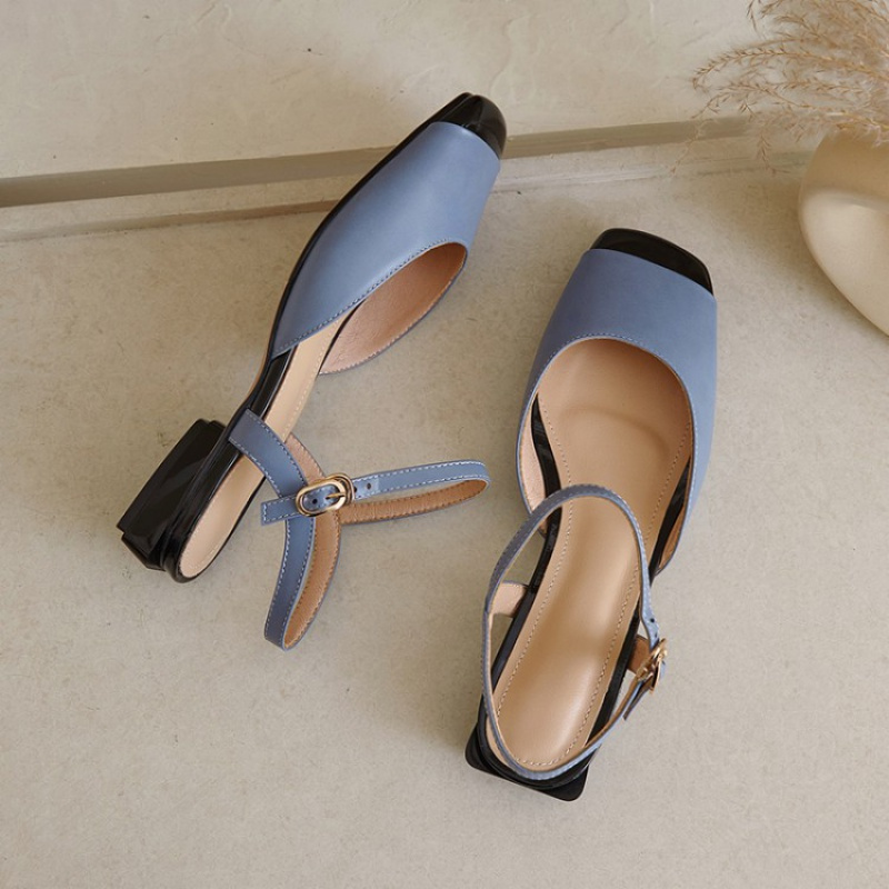 tiauny2021法式复古方头后空包头凉鞋女粗跟一字扣玛丽珍高跟鞋671535