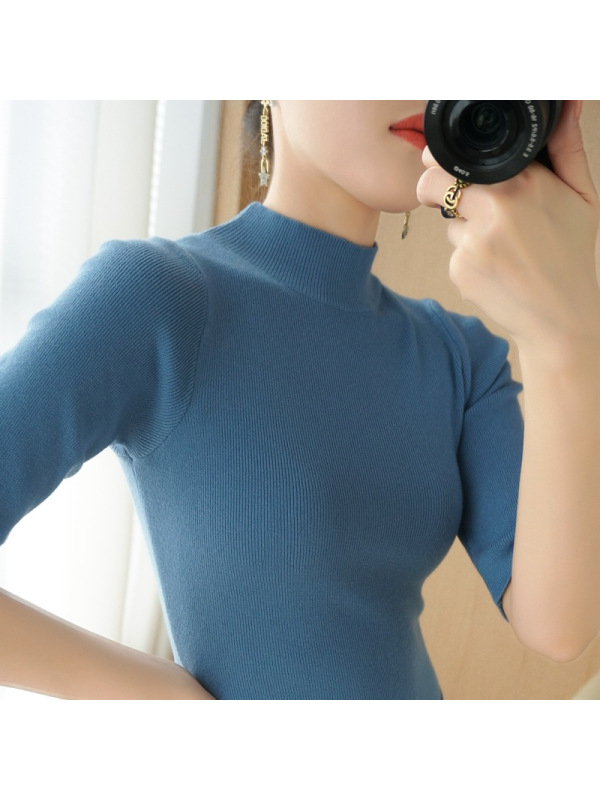 简约气质中袖上衣女修身半高领针织短袖中领半袖黑色五分袖打底衫