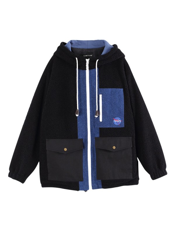 初语休闲拼接工装风外套女港风宽松韩版流行大衣潮