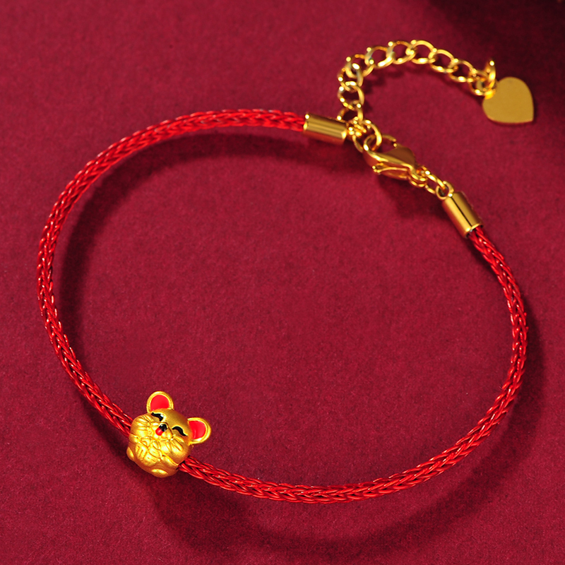 蒂蔻 本命年可爱萌鼠黄金转运珠手链男女款鼠年生肖红绳手饰3d硬足金