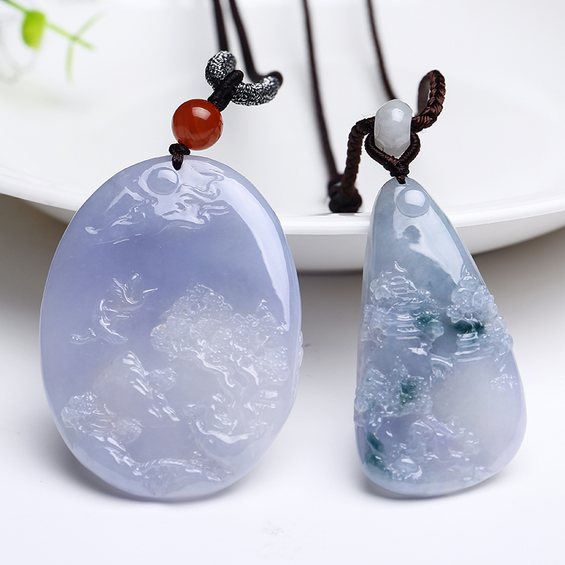 印象眸翡翠紫罗兰山水牌吊坠男女款意境玉石孤品坠子附送证书