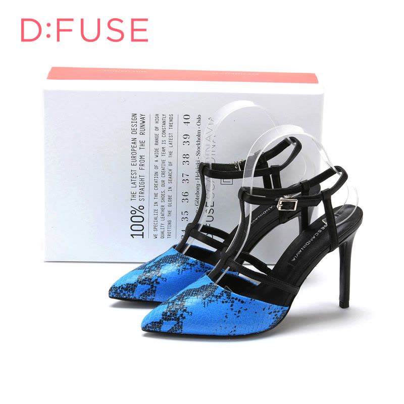 迪芙斯D:FUSE春专柜新款蛇纹牛皮尖头超高跟色拼接凉鞋DF51111031图片