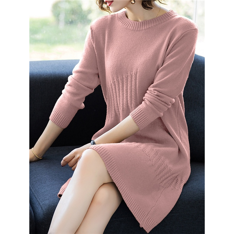 个性麻花条纹编织秋冬中长款圆领套头长袖纯色直筒休闲时尚针织连衣裙