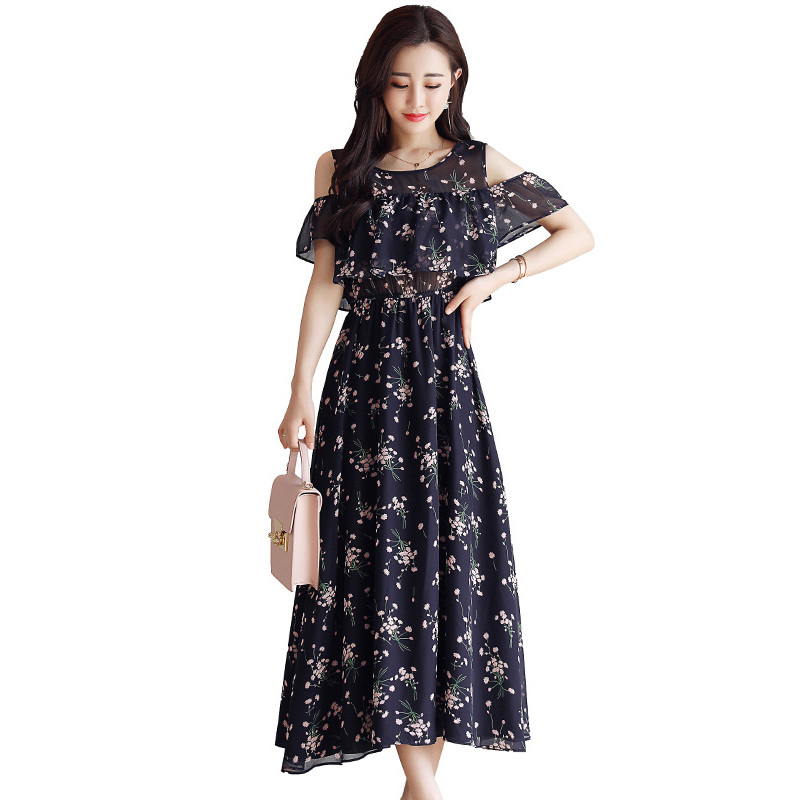 丝柏舍2018夏装新款女装时尚印花露肩袖圆领长款连衣裙S82R0483L