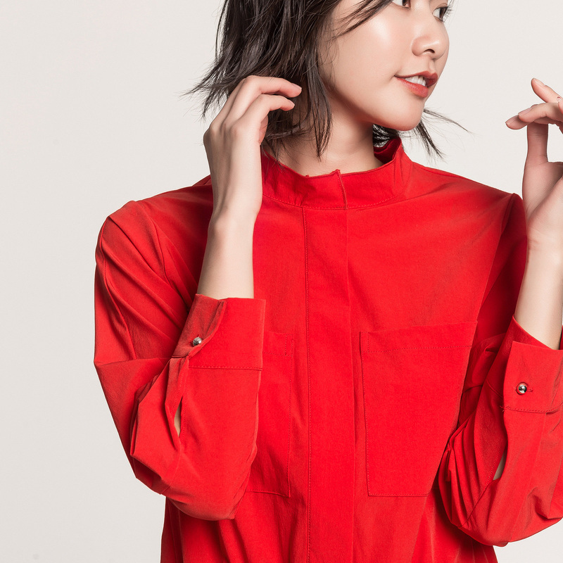 恒源祥春装2019新款女立领衬衫纯色打底上衣大红长袖衬衣外套女装