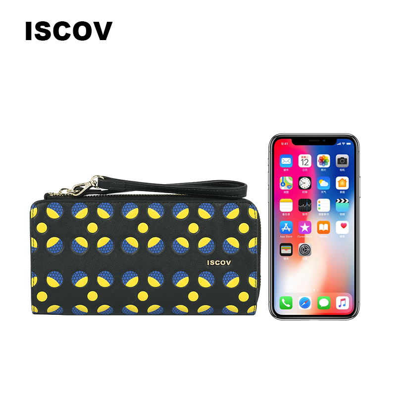 ISCOV时尚牛皮钱包 春夏潮流撞色横款方形手拿钱包