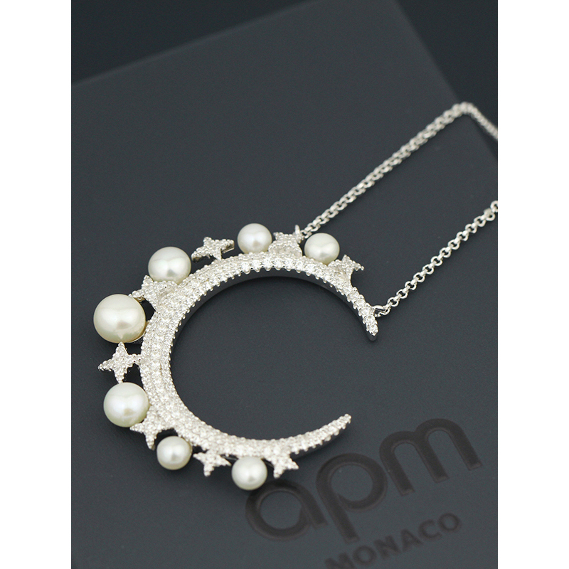 apm MONACO一千零一夜月亮珍珠925银项链项链女士经典复古锁骨颈链链时尚吊坠AC3963XPL
