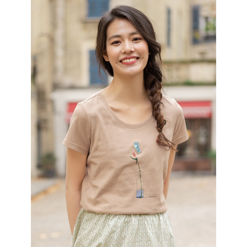 茵曼T恤女2019夏装新款纯棉小清新文艺绣花短袖休闲圆领恤衫上衣