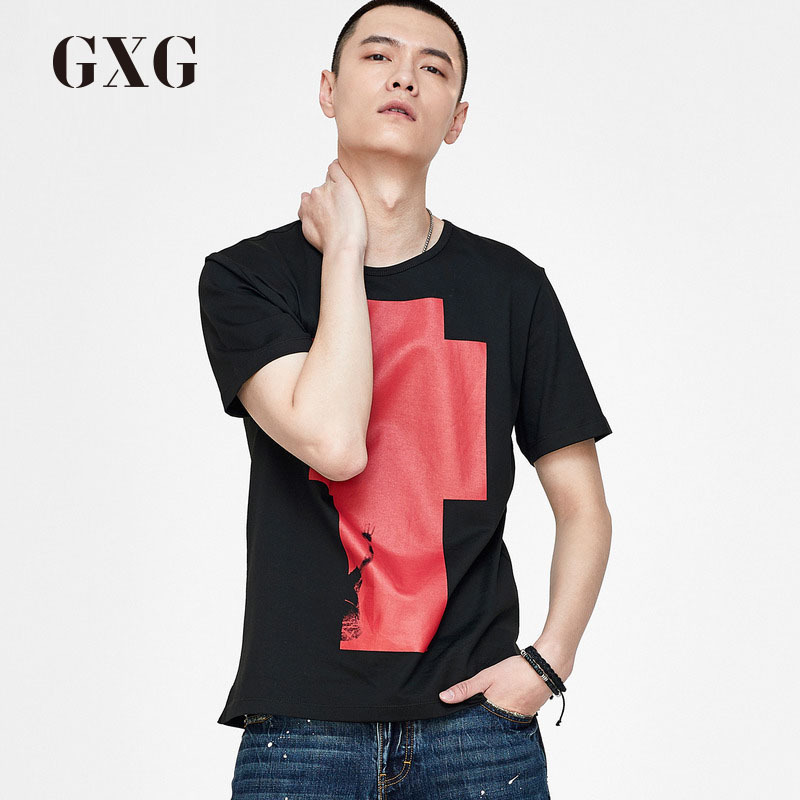 gxg男装春季男士黑色时尚修身休闲都市圆领t恤潮流短袖t恤