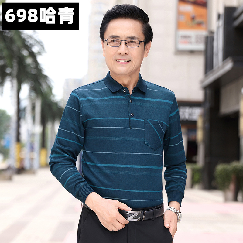 秋季男士长袖T恤薄款中年男士翻领商务休闲长袖polo衫T恤