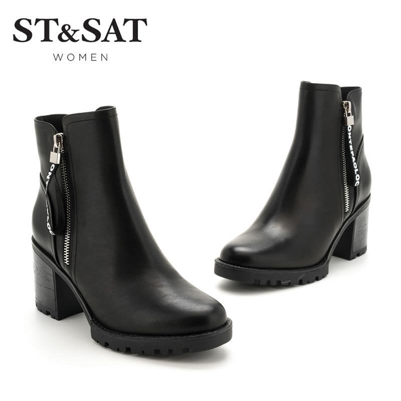 St&Sat/星期六冬季牛皮革圆头粗跟短靴女靴子SS74116541图片
