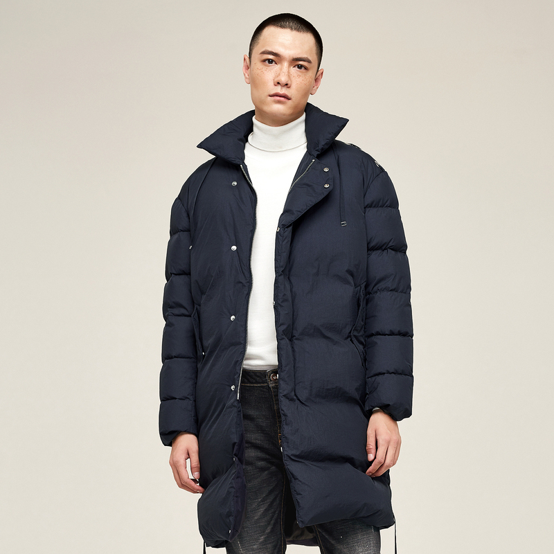 gxg男装 冬季男士时尚都市青年加厚翻领中长款藏青色羽绒服外套男