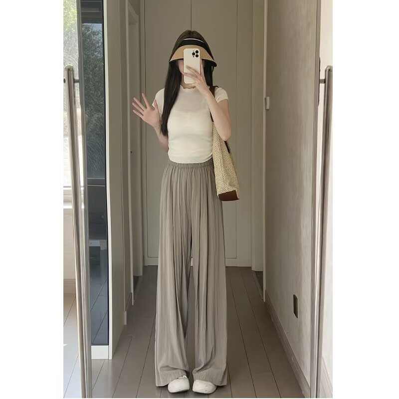 纯色阔腿凉凉裤女夏季新款慵懒风垂感褶皱休闲设计感直筒裤子ins