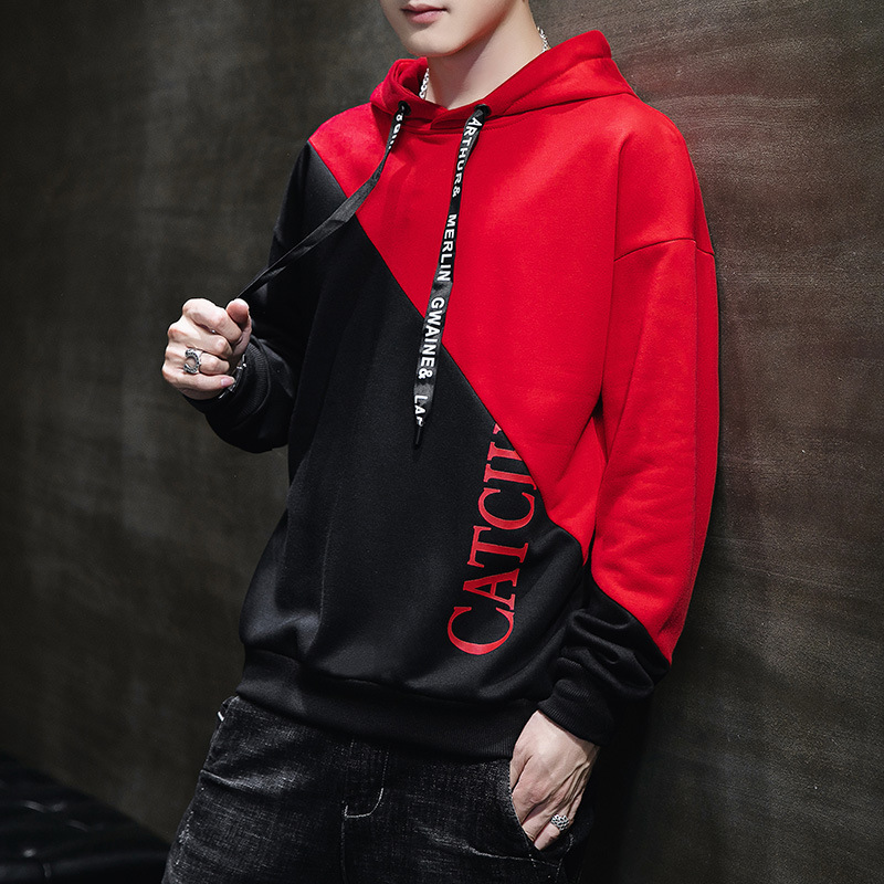 休闲连帽卫衣男秋季宽松套头男士卫衣时尚百搭长袖拼色情侣卫衣男