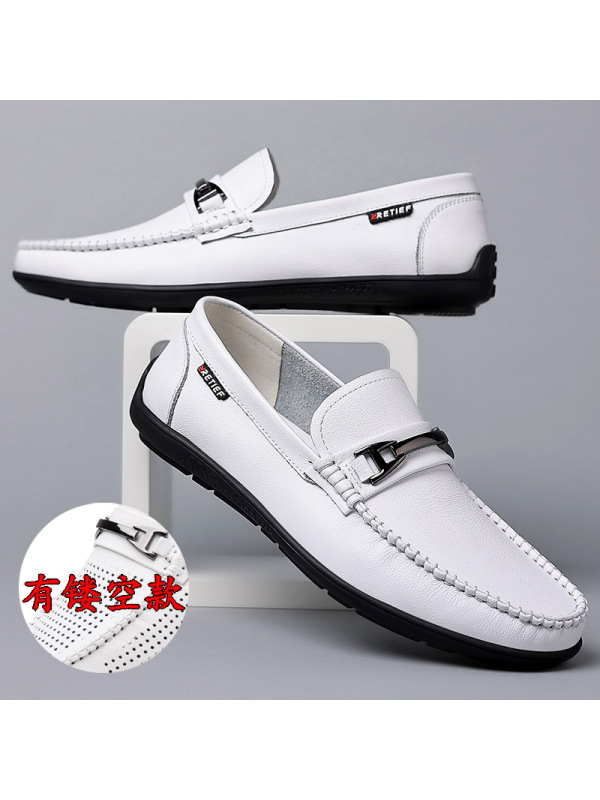 新款豆豆鞋真皮男鞋镂空透气洞洞鞋百搭休闲潮流小白鞋一脚蹬鞋子