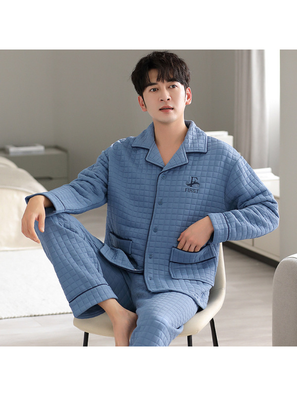 空气棉男士睡衣秋冬季长袖家居服大码爸爸中青年夹层加厚保暖套装