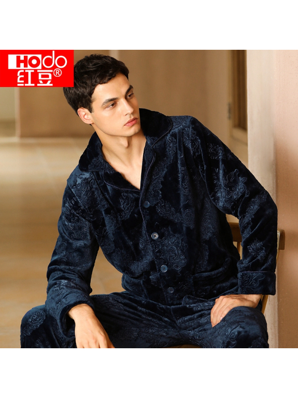 红豆居家法兰绒保暖翻领龙须压纹简约男士居家服睡衣两件套装