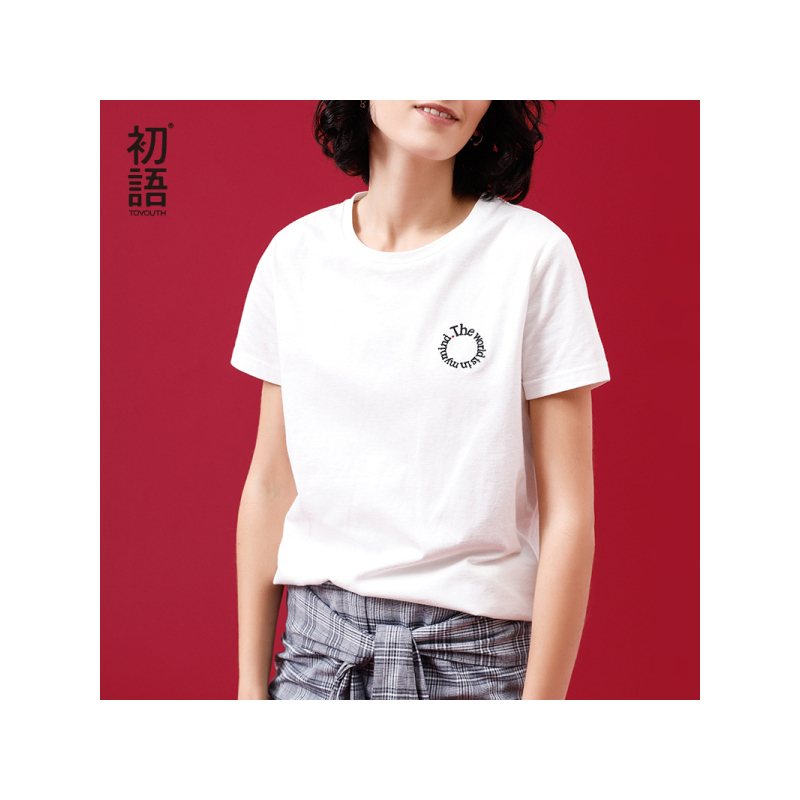 初语圆领印花修身复古港味短袖T恤女心机上衣潮