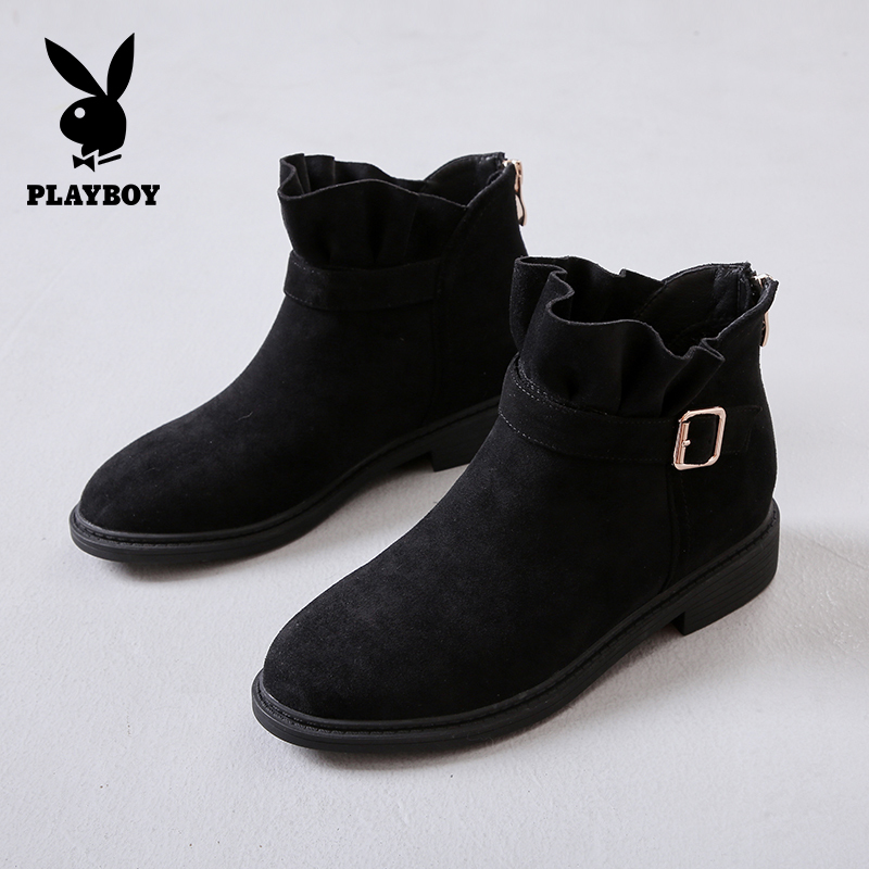 PLAYBOY/花花公子冬季荷叶边金属扣装饰圆头低跟时尚短靴女G12299218