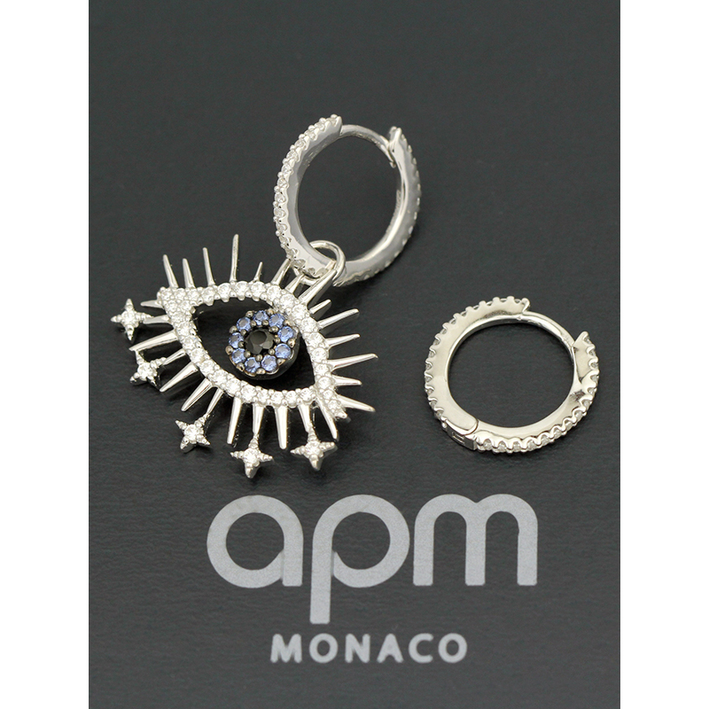 apm MONACO不对称镶晶钻POP幸运眼睛耳环925银耳饰经典穿孔耳坠女士首饰品AE11490M