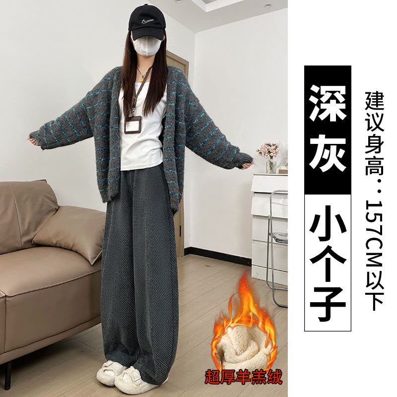 羊羔绒黑色毛呢卫裤女冬新款加绒保暖棉裤胖mm大码加厚阔腿裤图片