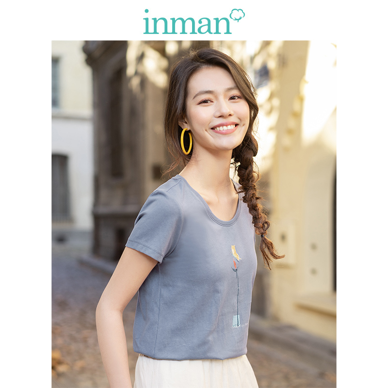 茵曼T恤女2019夏装新款纯棉小清新文艺绣花短袖休闲圆领恤衫上衣