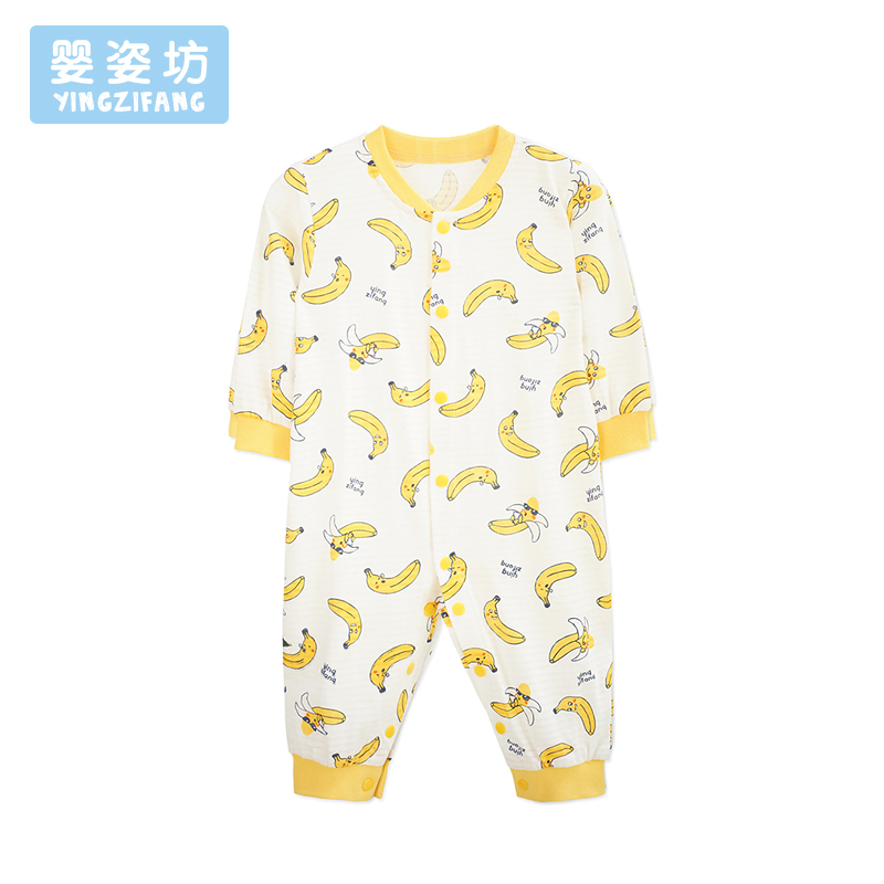 婴姿坊夏季新品男童休闲内衣家居服0-3岁宝宝印花长袖开扣连体衣