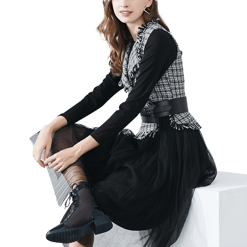 晚白 2020春季新品个性两件套裙T恤裙打底裙格子连衣裙时尚套装女