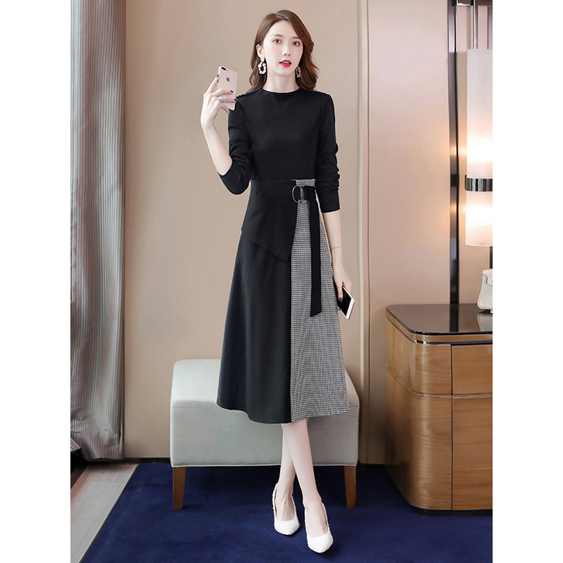 丝柏舍2020春装女时尚圆领长袖拼接中长款连衣裙S01B0042L