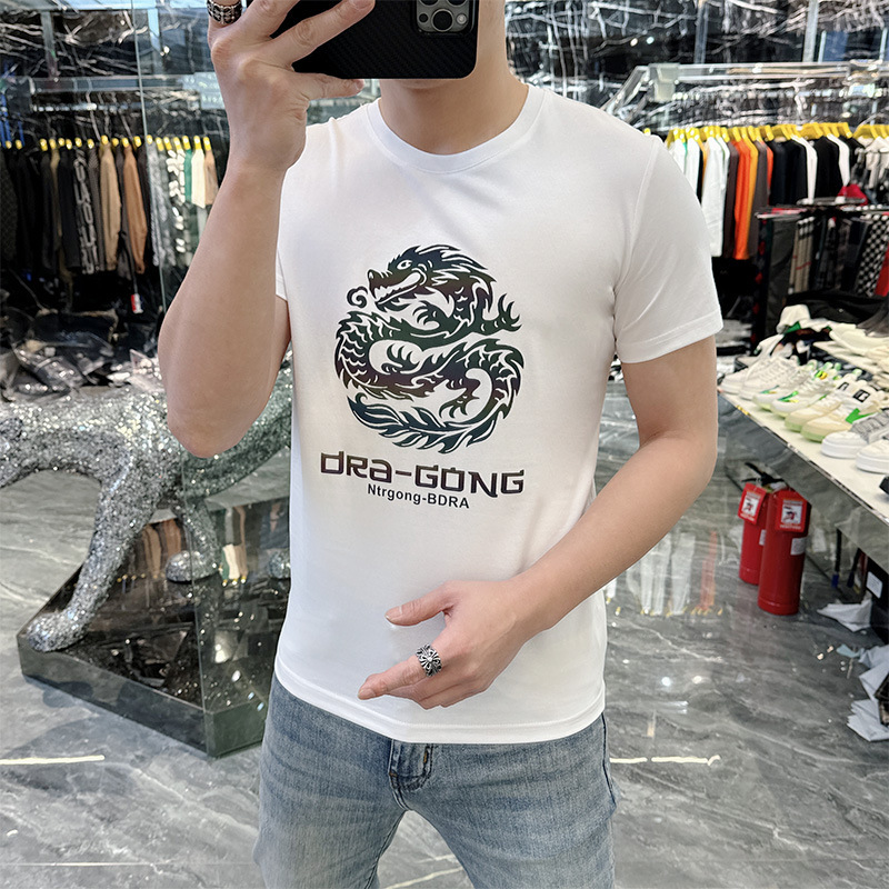 新款中国风炫彩变色龙印花短袖T恤男士修身痞帅红色半袖上衣