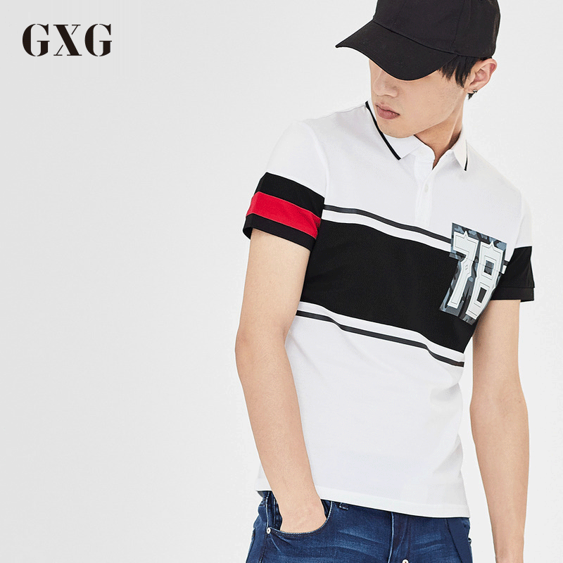 GXGPOLO衫男装夏季男士时尚修身黑白色个性数字短袖POLO衫男