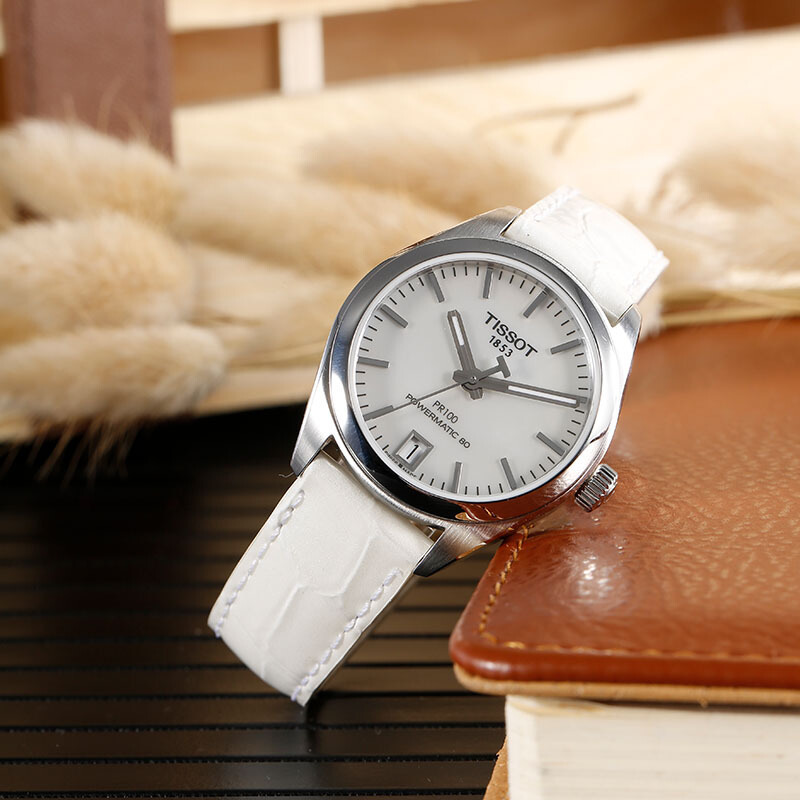 天梭tissotpr100系列自动机械贝母表盘皮带女士手表t1012071611100