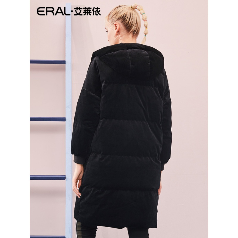 艾莱依O2O2018新款冬连帽刺绣时尚羽绒服女中长款617105130