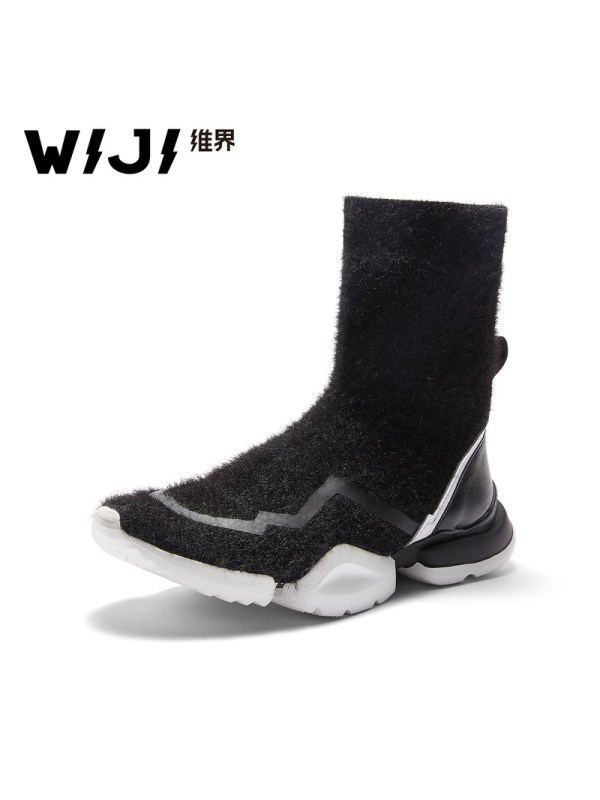 WIJI冬季新款欧美飞织超纤维鞋时尚个性休闲舒适厚底新潮高邦女鞋