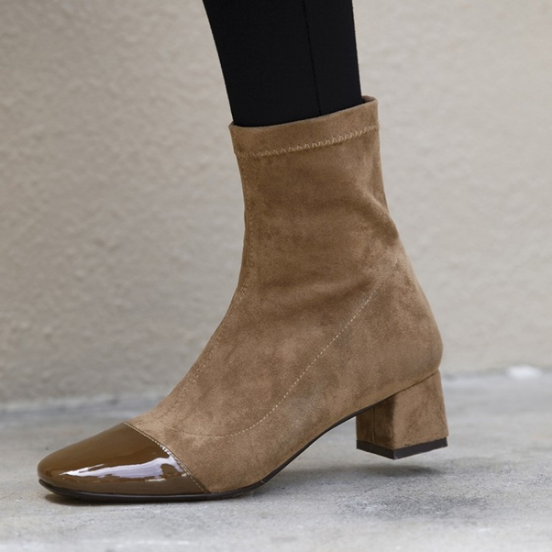 格瑞迪欧2018秋冬翻毛皮新款拼色方头真皮短靴女百搭中跟粗跟磨砂单靴