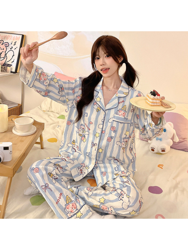 秋冬季长袖睡衣女云朵棉开衫翻领可爱卡通韩版休闲宽松家居服套装