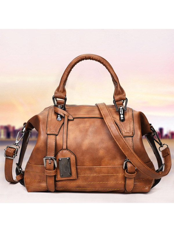 Ceba女包2023新款欧美复古时尚油蜡皮波士顿包手提单肩斜跨包