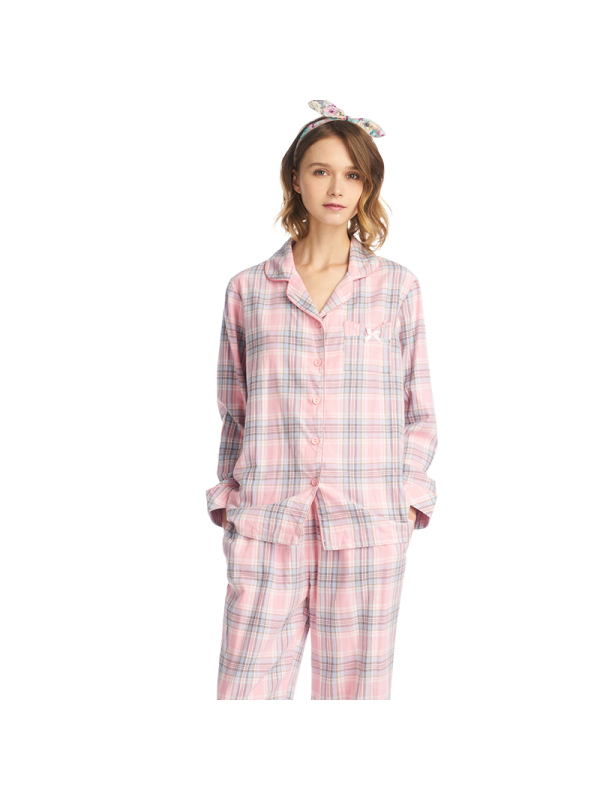 三枪家居服女纯棉2019秋冬彩格绒布格纹睡衣开襟翻领女士居家套装8051