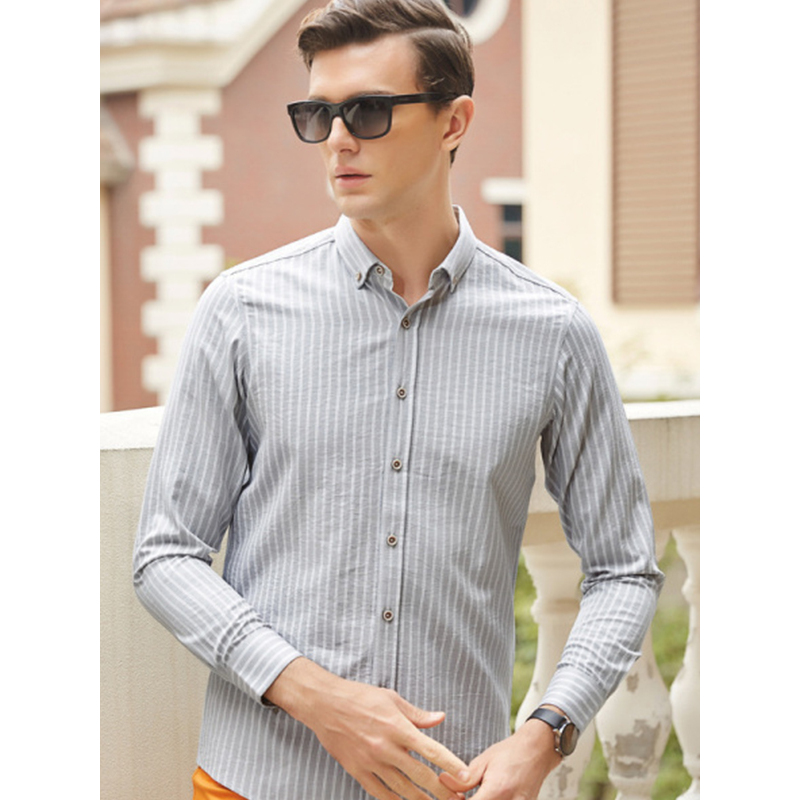 传奇保罗条纹长袖衬衫男 2018春季新款中年方领修身商务休闲衬衣