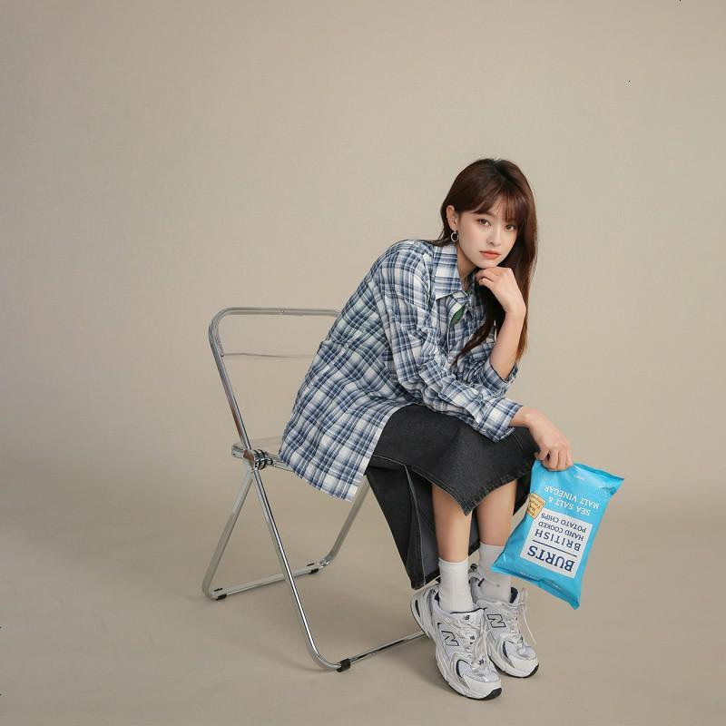 OtherMix蓝色格子衬衫2021年新款衬衣女设计感小众长袖春季上衣潮