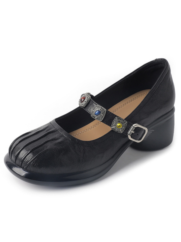 25新款玛丽珍鞋深口羊皮单鞋圆头复古厚底中跟乐福鞋单鞋时尚女鞋