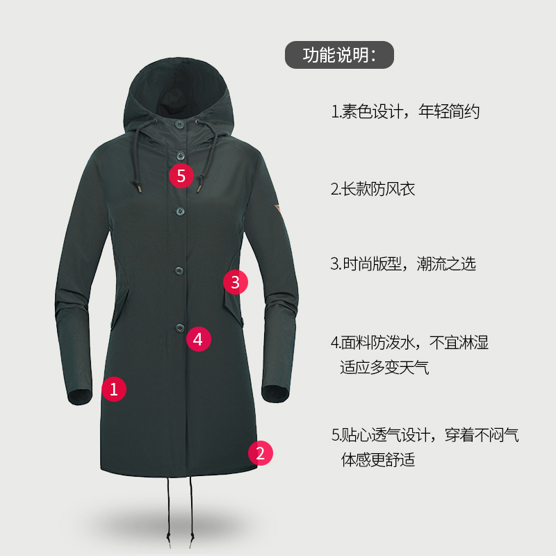 诺诗兰秋冬户外女士防风透气休闲运动舒适长款风衣 GL952001