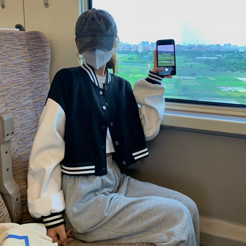 秋冬季短款棒球服长袖单排扣外套女装新款小个子美式高街ins图片