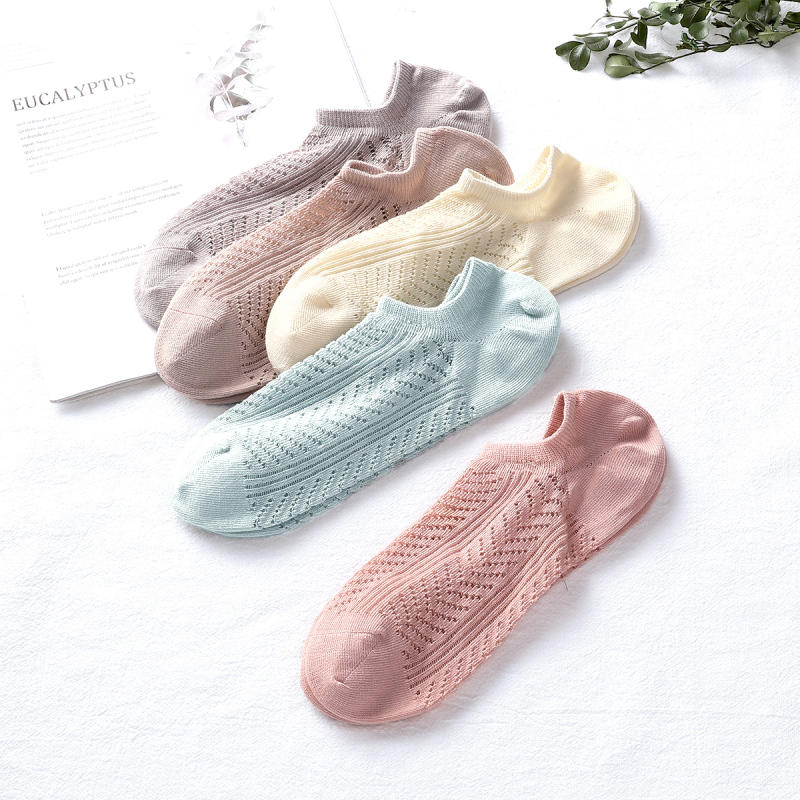 5双装红豆居家hodohome棉质日系女低帮短袜子红豆提花镂空女士船袜