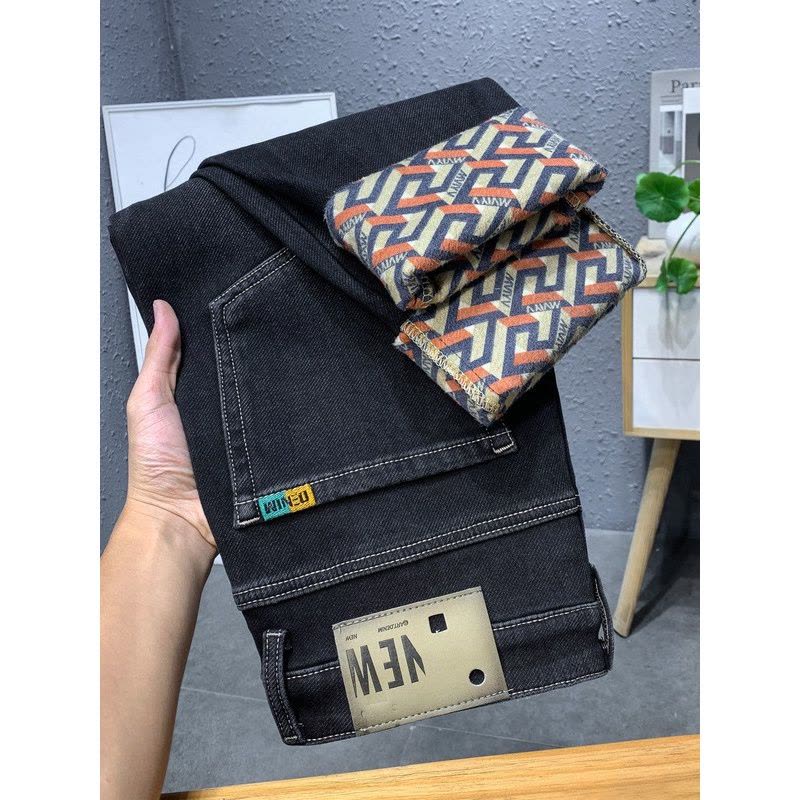 加绒彩底棉欧货牛仔裤男款冬季新款弹力长裤男刺绣舒适百搭直筒裤图片