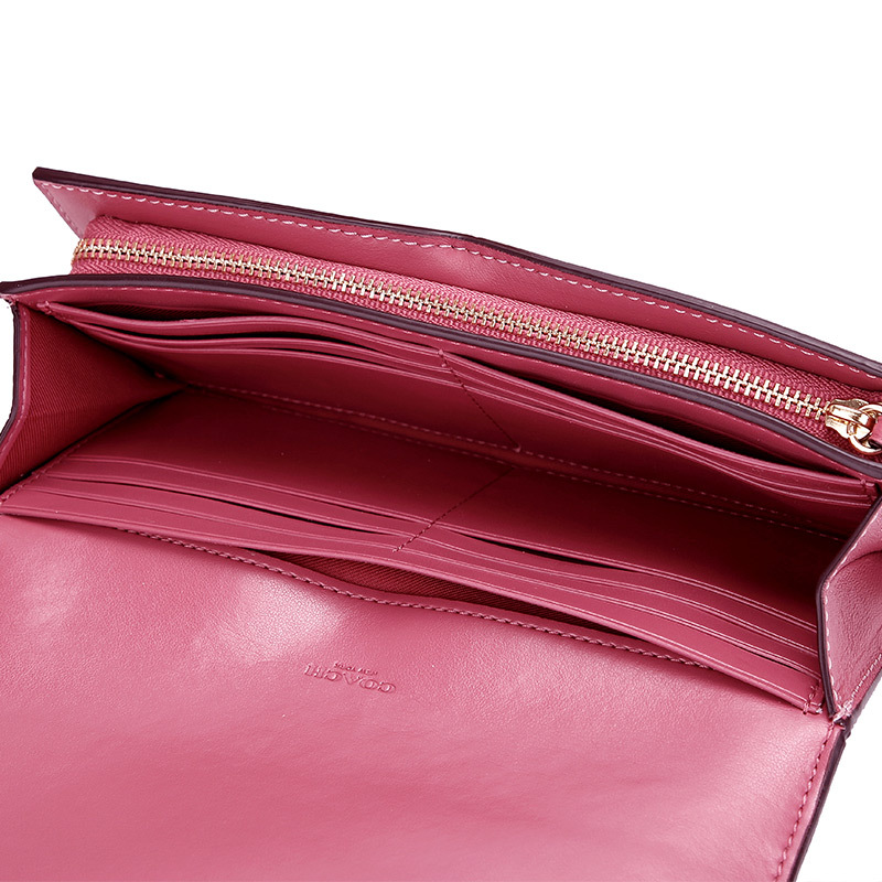 coach蔻驰奢侈品女士玫红色格子人造革配皮长款钱包钱夹f77856imp4l