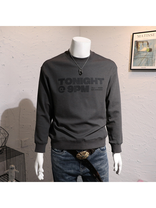 秋冬加绒青年长袖套头卫衣男立体压胶字母印花落肩袖上衣休闲